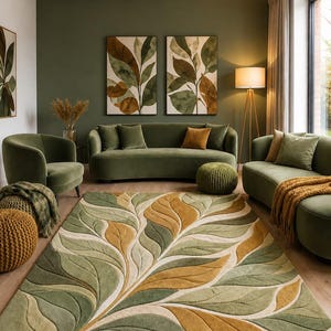 Modern Botanical Leaf Pattern Area Rug in Green & Mustard – Contemporary Nature-Inspired Carpet