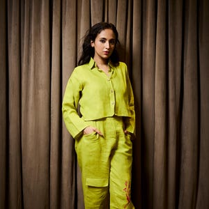 Linen Crop Shirt and Pant Set for Women | Two Piece Summer Co-ord Set | Minimalist Resort Outfit | Casual Chic Look | OEKO-TEX Certified