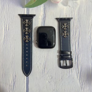 Boho Gothic Cross Apple Watch Band, Punk Watch Strap,Handcrafted Black Leather Strap,Watch Strap with Cross Charms,Black Leather Strap for