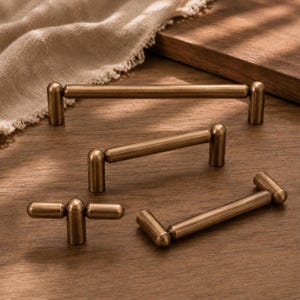 T-Shaped Solid Brass Cabinet Pulls, Antique Brass Drawer Handles, Modern Kitchen Hardware, Wardrobe & Vanity Pulls, Minimalist T Bar Knobs