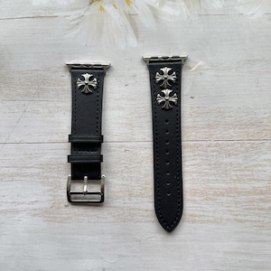 Gothic Cross Black Leather Apple Watch Band,Silver Metal Chain Bracelet, Punk Watch Strap,Watch Strap with Cross Charms,Silver Metal Strap