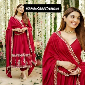 Beautiful 3 Piece Anarkali Gown Dupatta Designer Long Kurti Readymade Indian Red Long Gown Wedding Partywear Heavy Diwali Dress Stitched