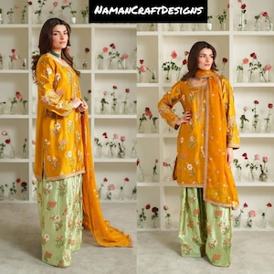 Wedding/party Wear Kurta Palazzo dupatta ethnic 3p salwar kameez Readymade Yellow Kurti Stitched Shalwar Suit designer women Dress Diwali