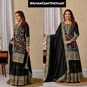 Designer Black Embroidered Sharara Kurta Dupatta Suit For Women Ready To Wear Sharara Kurti Traditional Salwar Kameez Pakistani Style Suit