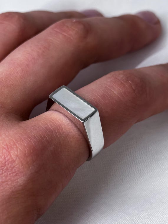Sterling Silver Signet Ring: Mother of Pearl Inlay, Rhodium Plated