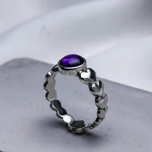 Sterling Silver Heart Ring: Amethyst Stone, Rhodium Finish