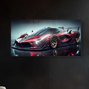 Può includere: Una stampa incorniciata di un'auto sportiva rossa con ruote dorate è appesa a una parete nera. L'auto è illuminata da luci brillanti, che si riflettono sulla superficie sottostante. Una poltrona beige, un tavolino rotondo e un pouf grigio sono in primo piano.