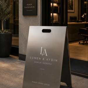 May include: A silver A-frame sign with the text "LA LUMEN & AYDIN HUKUK BÜROSU" and "ADALET GÜVEN ÇÖZÜM" in white lettering. The sign is outside a building with a black sign that reads "HUKUK DANIŞMANLIK".