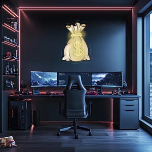 Poster al neon con sacco di soldi / Arte murale in plexiglass con simbolo del dollaro dorato / Decorazione per la stanza con stampa UV a LED