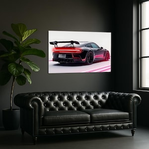 May include: A canvas print of a black sports car with a large rear spoiler and bright red taillights. The car has black wheels and a streamlined design. The image is set against a white backdrop, highlighting the vehicle's features.