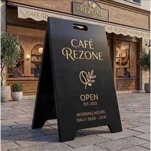 May include: A-frame sign for "Café Rezone" in black with gold lettering. The sign displays the cafe's name, logo, and hours of operation. The sign is on a brick-paved sidewalk in front of the cafe.
