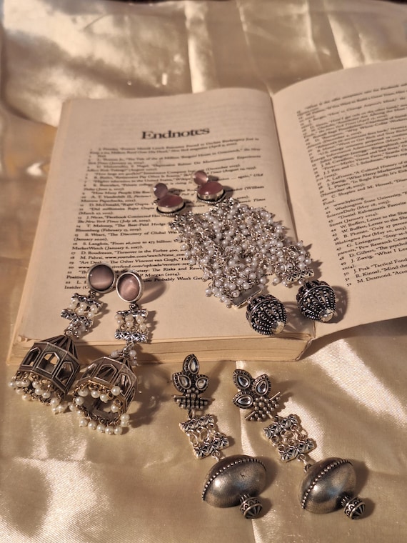 Boho Jhumka Earrings Trio: Handcrafted German Silver, Pearl