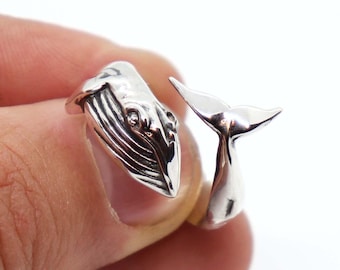 Silver Whale Ring, Sterling Silver Adjustable Ring, Humpback Whale Jewelry, Ocean Lover Gift, Nautical Whale Tail Ring