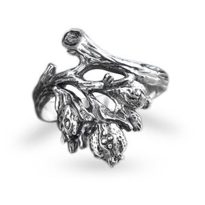 Pomegranate Ring, Sterling Silver Branch Ring with 3 Pomegranates, Nature Jewelry, Handmade Botanical Ring