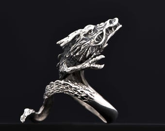 Sterling Silver Dragon Ring, Adjustable Chinese Dragon Jewelry, Fantasy Statement Ring for Men, Mythical Creature Ring