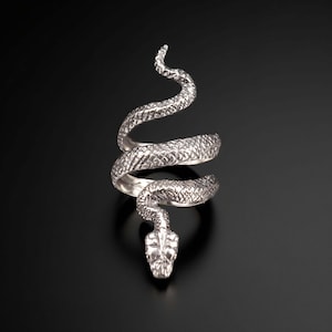 Sterling Silver Snake Ring, Adjustable Serpent Coil Ring, Wrap Snake Band, Gothic Reptile Jewelry, Snake Gift for Him Her, Handmade Ring