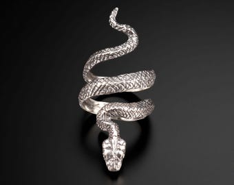 Anel de cobra em prata esterlina, anel ajustável em formato de serpente, faixa de cobra, joia gótica para répteis, presente de cobra para ele e para ela, anel feito à mão