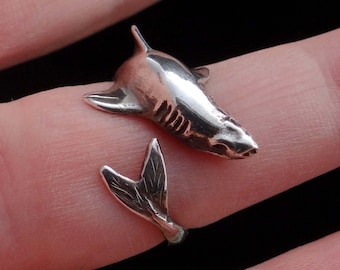 Haifisch Ring Silber Sterling Fisch Ring Nautische Geschenke für Frauen und Männer Wrap Minimalist Einstellbar Schmuck Ocean Boho personalisiert