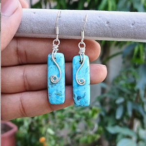 Turquoise Rectangle Dangle Earrings: Sterling Silver Swirl, Boho Jewelry
