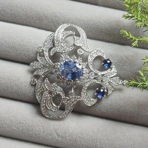Vintage Landon Blautopas Quarz Brosche, Blauer Edelstein Pin Cubic Zirkonia, Art Deco Brautbrosche, eleganter Silber Statement Boho Schmuck