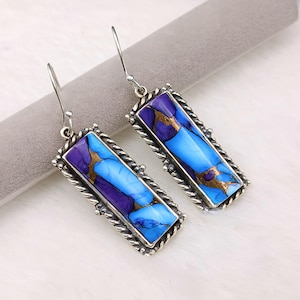 Blue Copper Turquoise Earrings: Sterling Silver Rectangle Dangle, Boho Jewelry