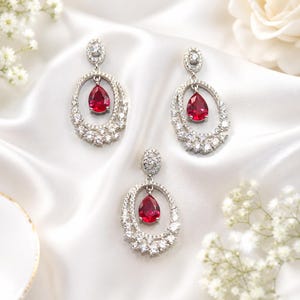 Luxury Ruby Drop Jewelry Set, 925 Sterling Silver Set, Bridal Jewelry Set, Red Gemstone Dangle Earrings, July Birthstone Gift for Her
