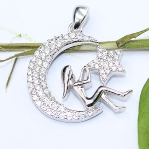 Sterling Silver Moon & Star Pendant: Crystal Celestial Necklace