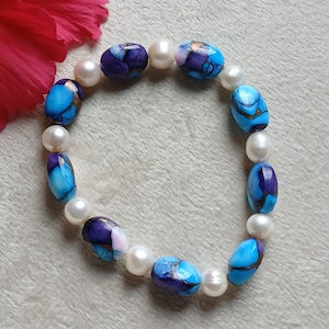 Violet Spiny Oyster & Turquoise Bracelet: Sterling Silver Pearl Boho Jewelry