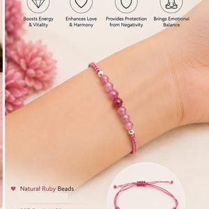 May include: A ruby bracelet featuring natural ruby beads and 925 sterling silver mini beads on a pink thread. The text reads Ruby Bracelet, Stone of Passion & Protection, Boosts Energy & Vitality, Enhances Love & Harmony, Provides Protection from Negativity, Brings Emotional Balance, Natural Ruby Beads, 925 Sterling Silver Mini Beads, Premium Quality Thread, Adjustable & Comfortable Fit, and Real 925 Sterling Silver.