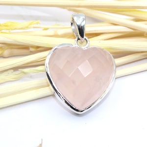 Faceted Rose Quartz Heart Pendant, 925 Sterling Silver, Love Stone
