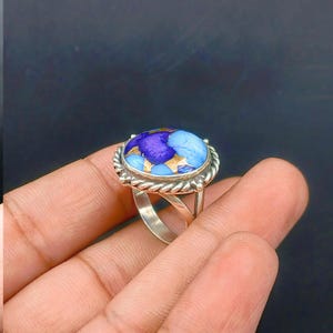 Blue Copper Turquoise Ring: Round Sterling Silver Boho Statement Jewelry