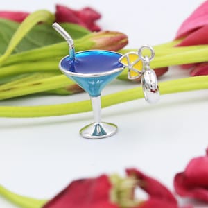Sterling Silver Cocktail Glass Charm: Enamel Margarita/Martini Pendant