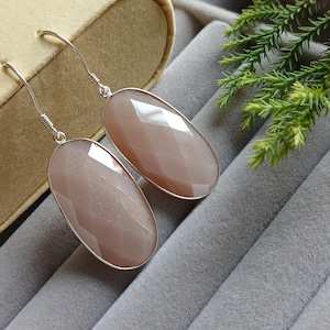 Peach Moonstone 925 Sterling Silver Earrings: Handmade Gemstone Jewelry