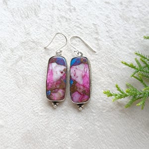 Kingman Turquoise Sterling Silver Earrings: Pink Dahlia Boho Style