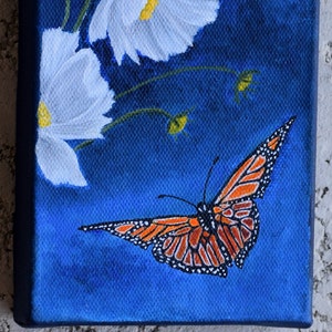 Butterfly Painting - Monarch Butterfly - nature, original acrylic canvas painting,  white flower painting, black and orange butterfly