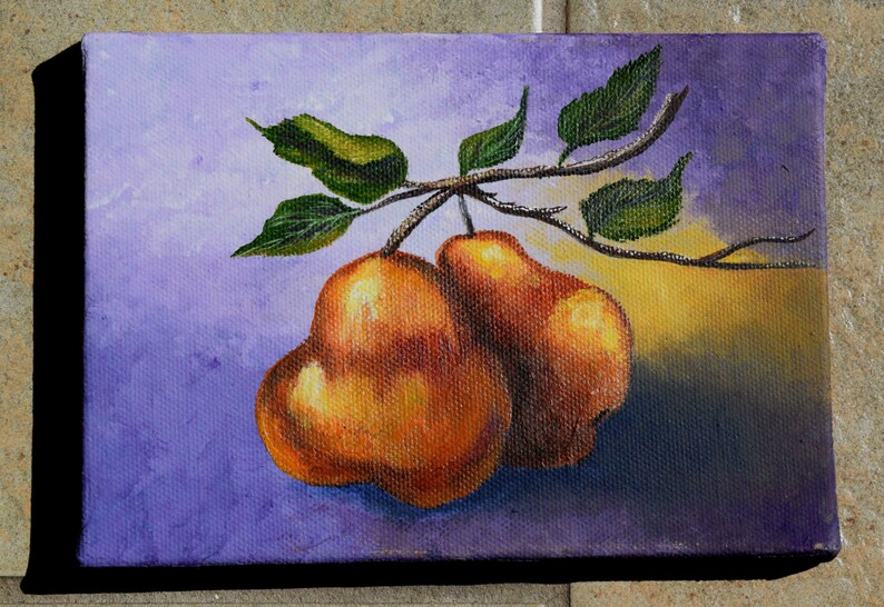 Pear Painting still life painting, fruit, leaves, branch, original acrylic painting image 3