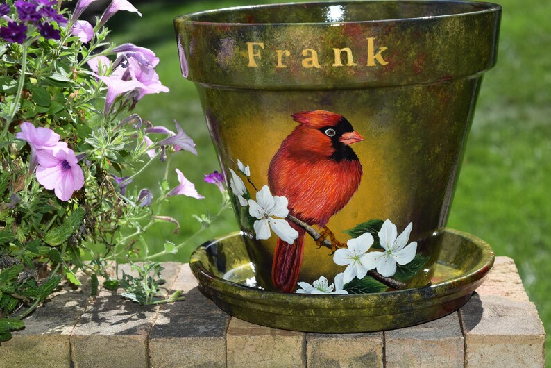 Painted Terracotta Flower Pots / Male & Female Cardinal Motifs | Etsy