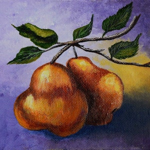 Pear Painting still life painting, fruit, leaves, branch, original acrylic painting image 1