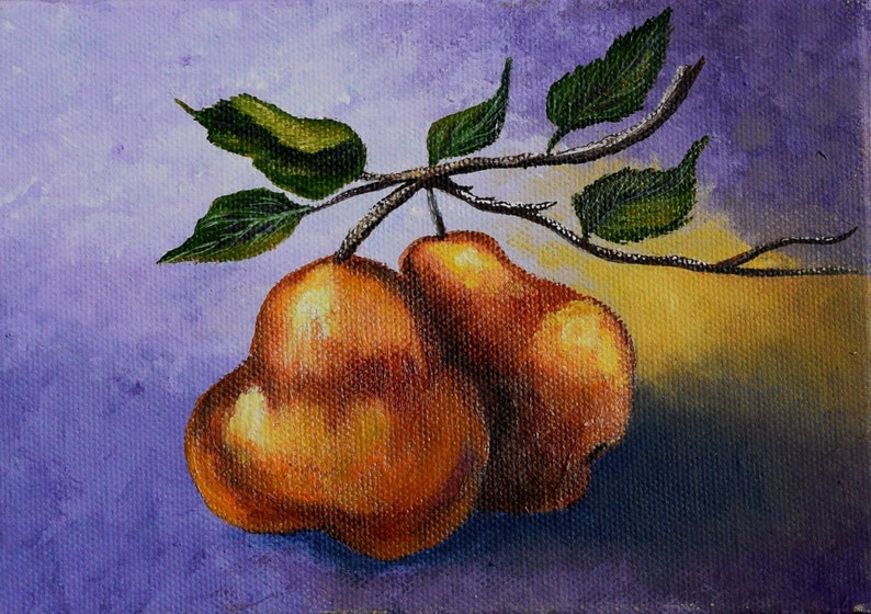 Pear Painting still life painting, fruit, leaves, branch, original acrylic painting image 1