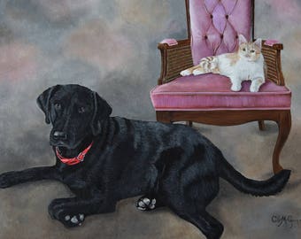 Large Custom Multiple Pet Painting - stretched canvas, 24 x 36 inches. custom pet portraits, cat painting, dog painting