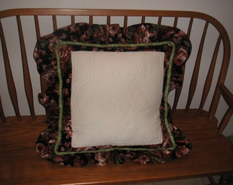 Black and Rose Hand Quilted Pillow - quilting, green, victorian, cream, muslin, pink, roses, leaves