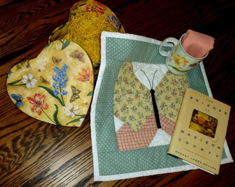Miniature Quilt: Butterflies and Romance - table topper, mug rug, kitchenware, small wall hanging, candle rug, books, quilts
