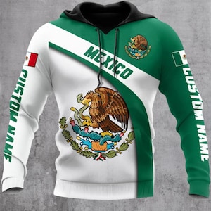 Mexico Flag Custom Name Hoodie – Mexican Eagle Coat of Arms Pullover – Patriotic Mexico Gift for Men and Women