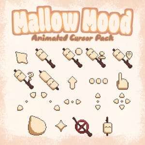 May include: An animated cursor pack titled "Hallow Mood" featuring pixelated marshmallow-themed cursors. The cursors include various designs such as a marshmallow on a stick, a question mark, an up arrow, and a hand pointer.