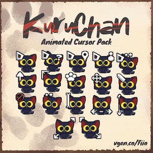 May include: An image featuring a collection of animated cursor icons. Each cursor is a pixelated black cat with yellow eyes and various white and red accents. The text "KuruChan Animated Cursor Pack" is displayed at the top, with a website address at the bottom.