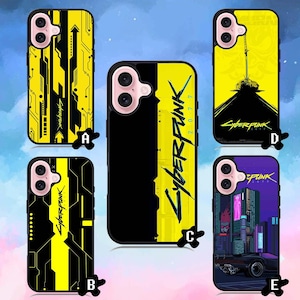 May include: A selection of phone cases with designs inspired by the video game Cyberpunk 2077. The cases display various graphics, including circuit board patterns, the game's logo, and futuristic cityscapes, in yellow, black, and purple.