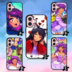 May include: A collection of phone cases featuring colorful anime-style illustrations. Designs include a girl with purple hair, a girl with cat ears, and other characters. Each case has a black border and a glossy finish.