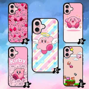 May include: Collection of pink phone cases featuring the character Kirby. Designs include a pattern of Kirby faces, Kirby with angel wings, and Kirby in a video game scene. Each case has a black border.