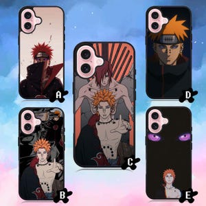 May include: Five phone cases with anime character designs. The cases display characters with unique hairstyles and facial expressions. The colour scheme includes red, black, and orange, with detailed illustrations.