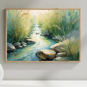 美しい小川の風景画、水彩画の小川の壁アート、静かな自然の装飾、心を落ち着かせる小川の絵、素朴なアート、デジタルダウンロード